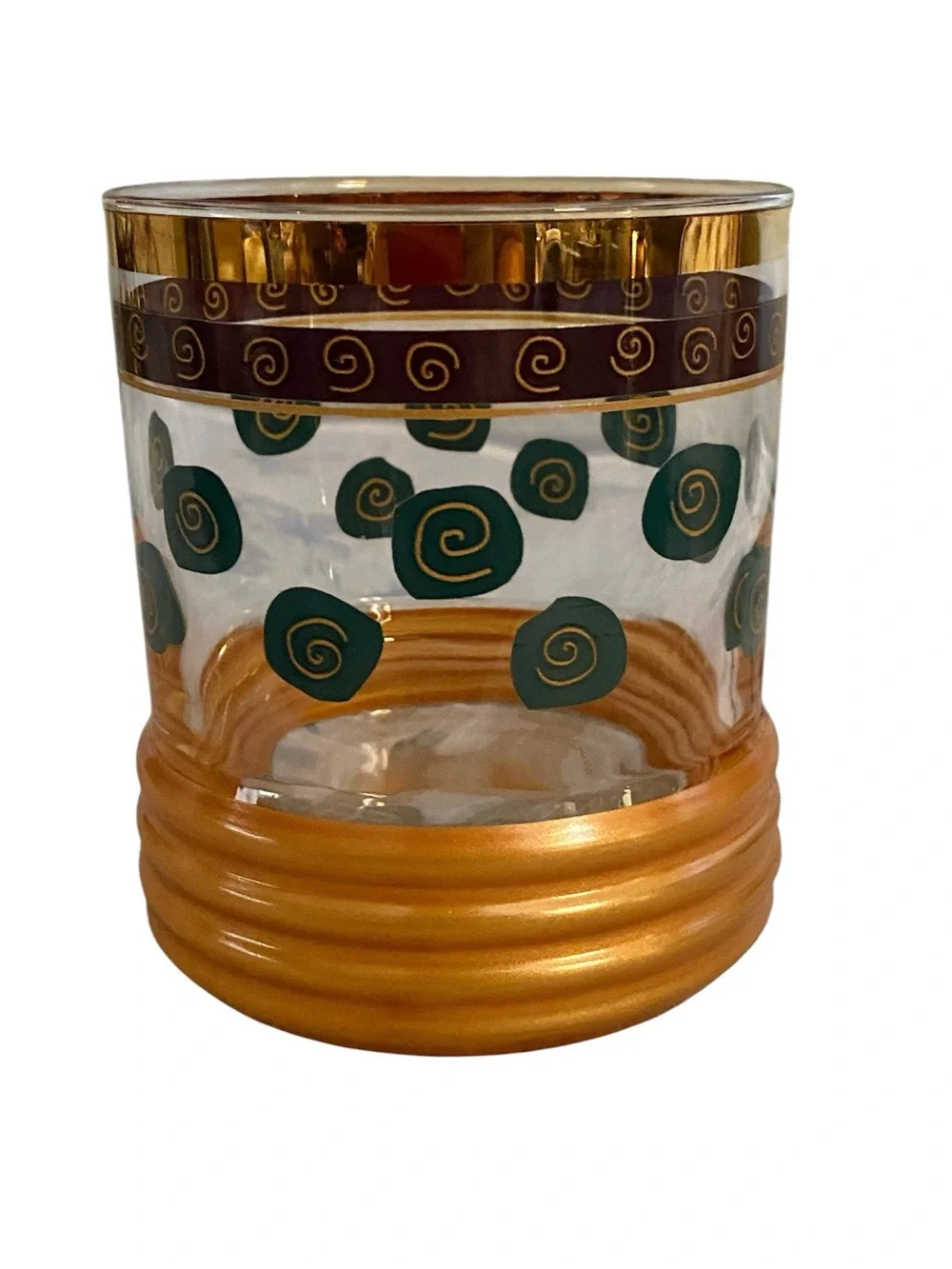 Sakura Gold-Trimmed Glass Tumbler with Teal Spirals and Copper Base